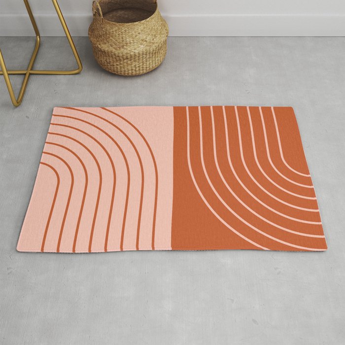Abstract Geometric Rainbow Lines 18 in Rose Gold Brown Red Rug