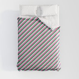 [ Thumbnail: Hot Pink, Sea Green & Light Cyan Colored Stripes/Lines Pattern Comforter ]