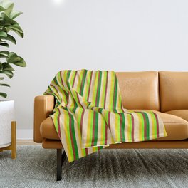 [ Thumbnail: Vibrant Beige, Yellow, Chartreuse, Red & Green Colored Pattern of Stripes Throw Blanket ]