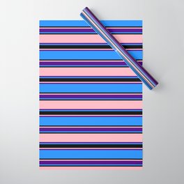 [ Thumbnail: Blue, Black, Light Pink & Indigo Colored Lines Pattern Wrapping Paper ]