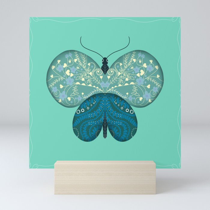 Butterfly Pattern Design Turquoise Floral Illustration  Mini Art Print