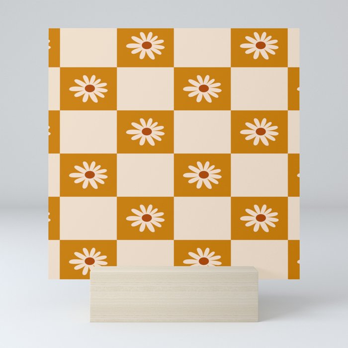 Retro Tile Flower Power Pattern in Yellow & Beige Mini Art Print