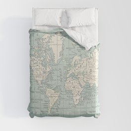 World Map in Blue and Cream Duvet Cover