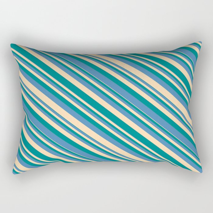 Tan, Teal & Blue Colored Lines/Stripes Pattern Rectangular Pillow