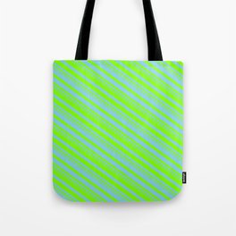 [ Thumbnail: Sky Blue and Chartreuse Colored Pattern of Stripes Tote Bag ]