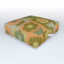 Retro Floral Jonnty Flowers Checkered Pattern in Vintage Olive Green and Cantaloupe Orange Tones  Outdoor Floor Cushion