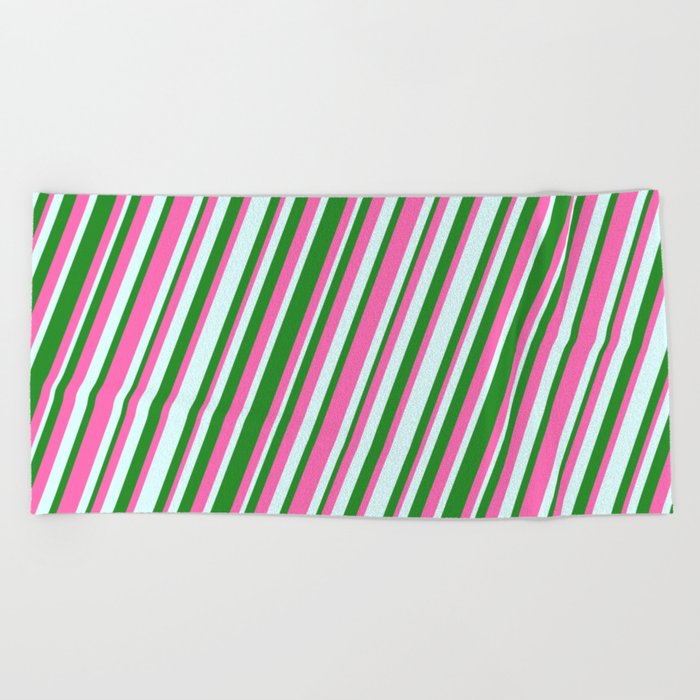 Forest Green, Hot Pink, and Light Cyan Colored Stripes/Lines Pattern Beach Towel