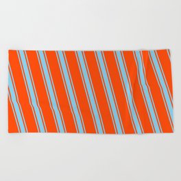 [ Thumbnail: Red and Sky Blue Colored Pattern of Stripes Beach Towel ]
