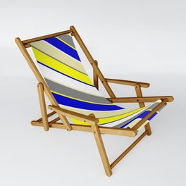 [ Thumbnail: Colorful Pale Goldenrod, Gray, Yellow, Blue, and White Colored Lined/Striped Pattern Sling Chair ]