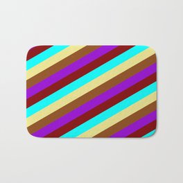 [ Thumbnail: Vibrant Maroon, Aqua, Tan, Brown, and Dark Violet Colored Pattern of Stripes Bath Mat ]