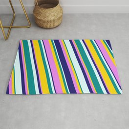 [ Thumbnail: Eye-catching Yellow, Violet, Midnight Blue, Light Cyan, and Dark Cyan Colored Stripes/Lines Pattern Rug ]