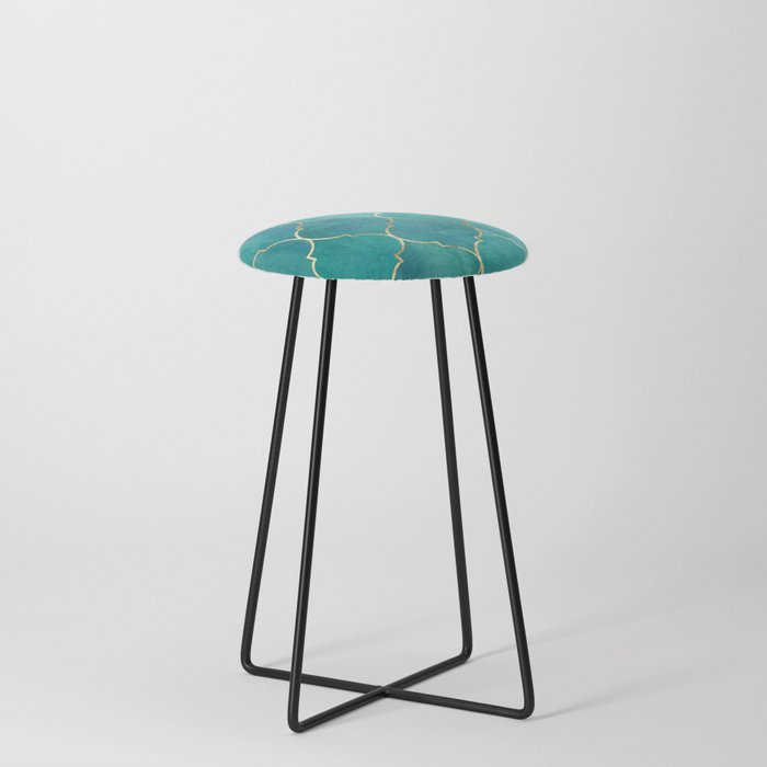 Turquoise Teal Golden Moroccan Quatrefoil Pattern II Counter Stool