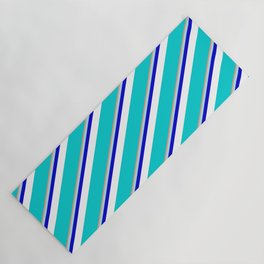 [ Thumbnail: Vibrant Dark Salmon, Powder Blue, Blue, White & Dark Turquoise Colored Lined Pattern Yoga Mat ]
