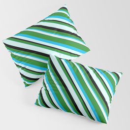 [ Thumbnail: Forest Green, Deep Sky Blue, Light Cyan & Black Colored Stripes/Lines Pattern Pillow Sham ]