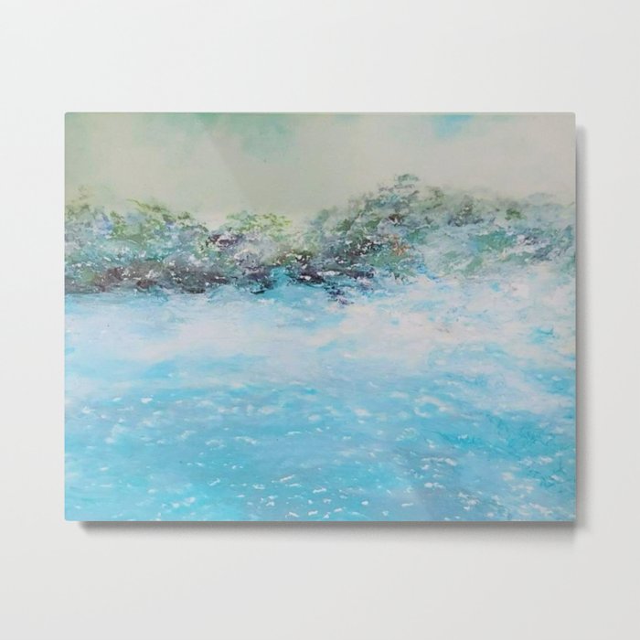Blue Surf, Dark Sky, Bright Water Oil Pastel Drawing Metal Print