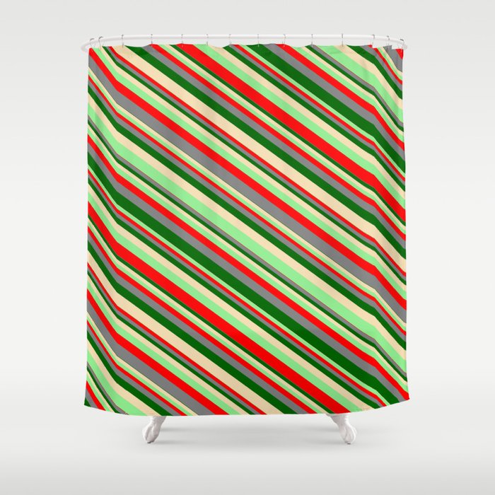 Eyecatching Light Green, Red, Gray, Dark Green, and Tan Colored Lined/Striped Pattern Shower Curtain