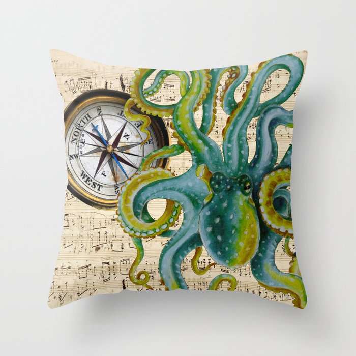 Octopus Compass Green Music Collage Throw Pillow