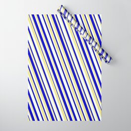 [ Thumbnail: Blue, Tan & Mint Cream Colored Lined Pattern Wrapping Paper ]