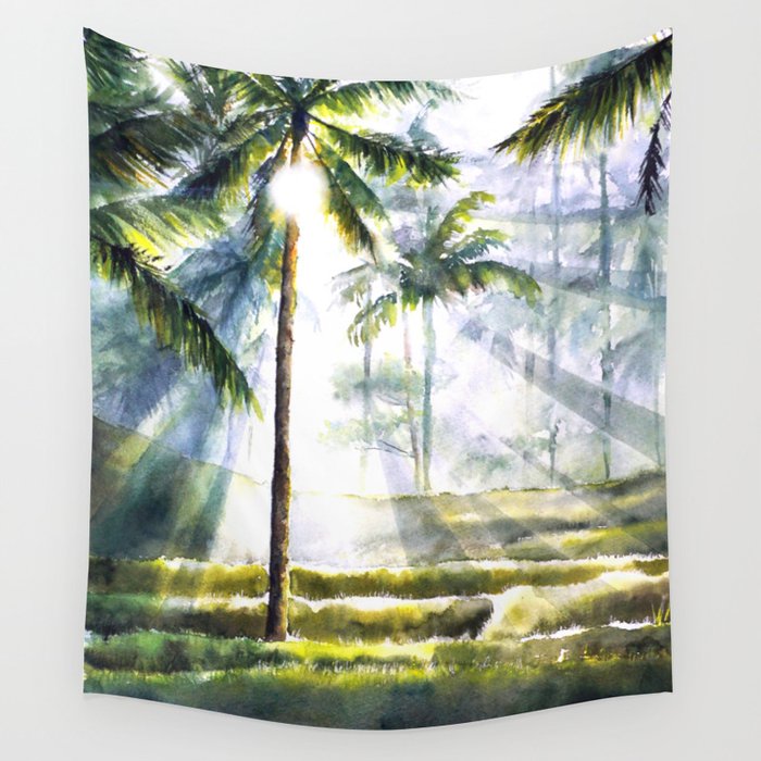 Balinese Art - Watercolor Rice Fields Wall Tapestry