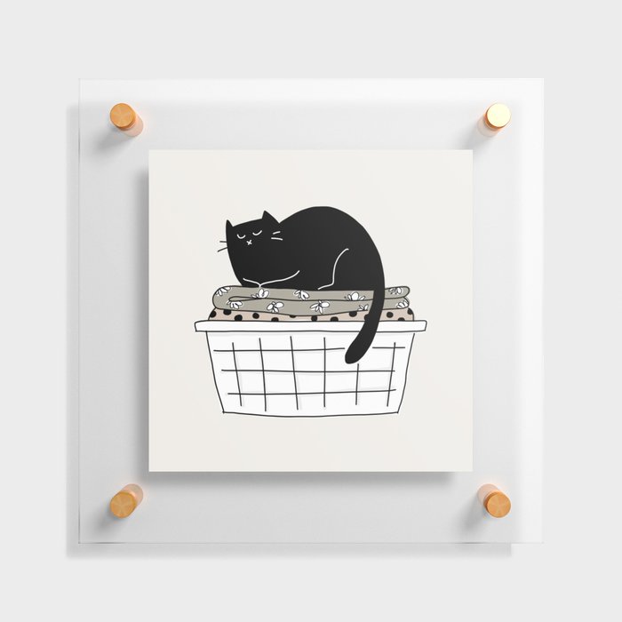 Black Cat in Folded Laundry Basket - Neutral Palette Floating Acrylic Print