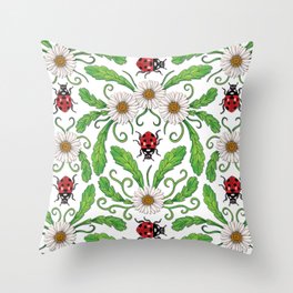 Ladybugs & Daisies - Cute Floral Bug Pattern with Ladybirds Throw Pillow