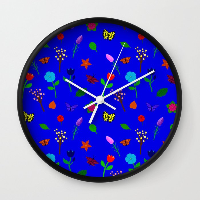 Scattered Flowers and Butterflies, blue background Wall Clock