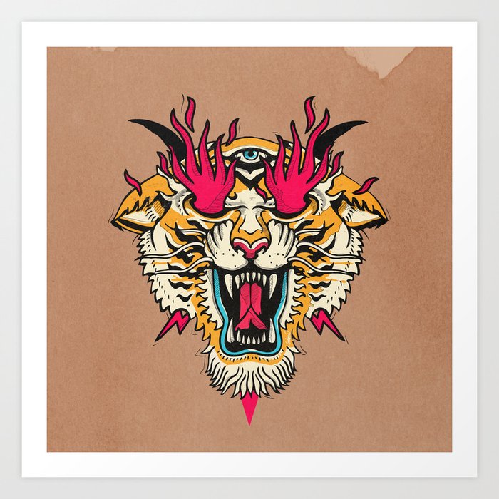 Tiger 3 Eyes Flames Art Print