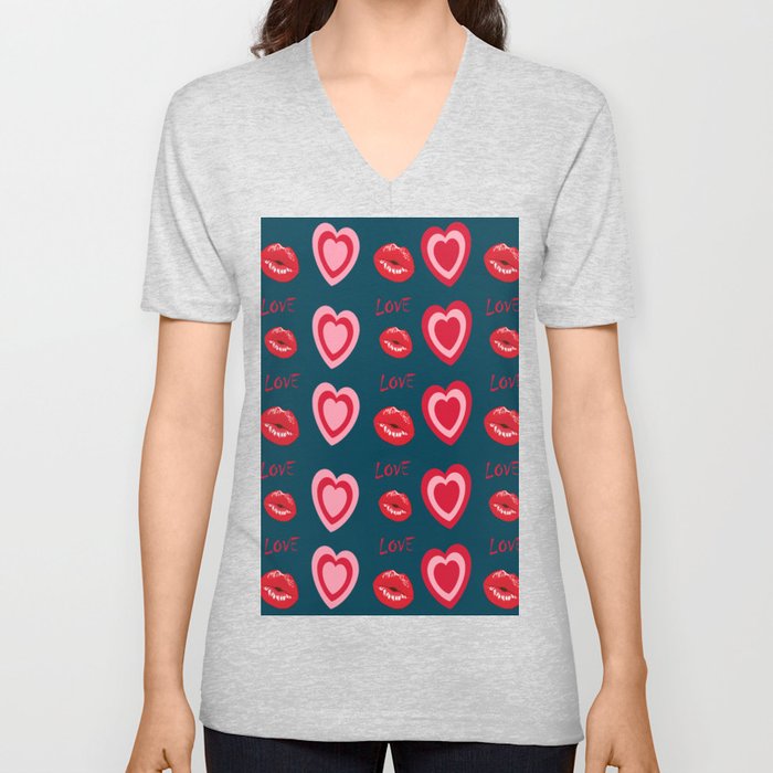 Hearts kiss love pattern blue V Neck T Shirt
