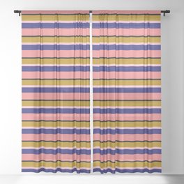 [ Thumbnail: Eye-catching Dark Goldenrod, Pink, Midnight Blue, Light Coral & Black Colored Stripes/Lines Pattern Sheer Curtain ]