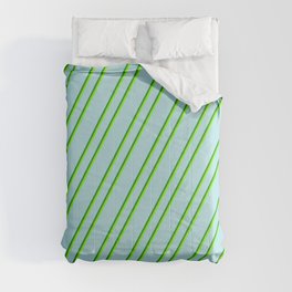 [ Thumbnail: Powder Blue, Forest Green & Chartreuse Colored Lines Pattern Comforter ]