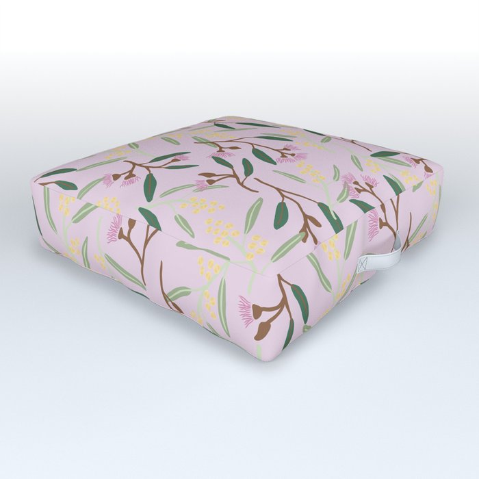 Australian wattle flowers, gum blossoms, eucalyptus leaves on blush pink Outdoor Floor Cushion