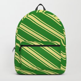 [ Thumbnail: Forest Green & Tan Colored Lines Pattern Backpack ]