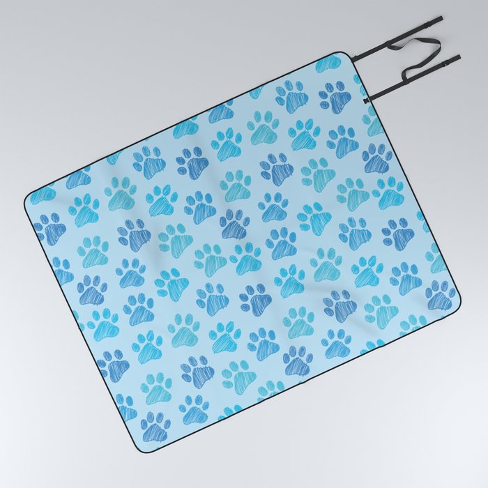 Blue Paws doodle seamless pattern. Digital Illustration Background. Picnic Blanket