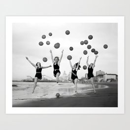 Balloons dancers on the seashore female roaring twenties jazz age portrait black and white photograph - photography - photographs Art Print