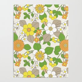 Yellow, Orange and White Retro Flowers on Ivory Background Poster