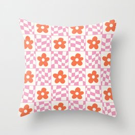 Orange Flower Pink & White Warped Double Checker Throw Pillow
