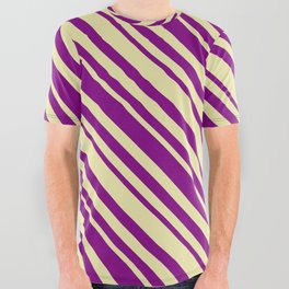 [ Thumbnail: Pale Goldenrod and Purple Colored Lined Pattern All Over Graphic Tee ]