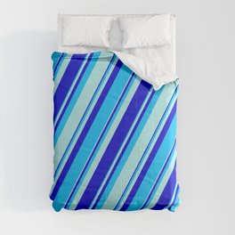 [ Thumbnail: Turquoise, Blue, and Deep Sky Blue Colored Pattern of Stripes Comforter ]