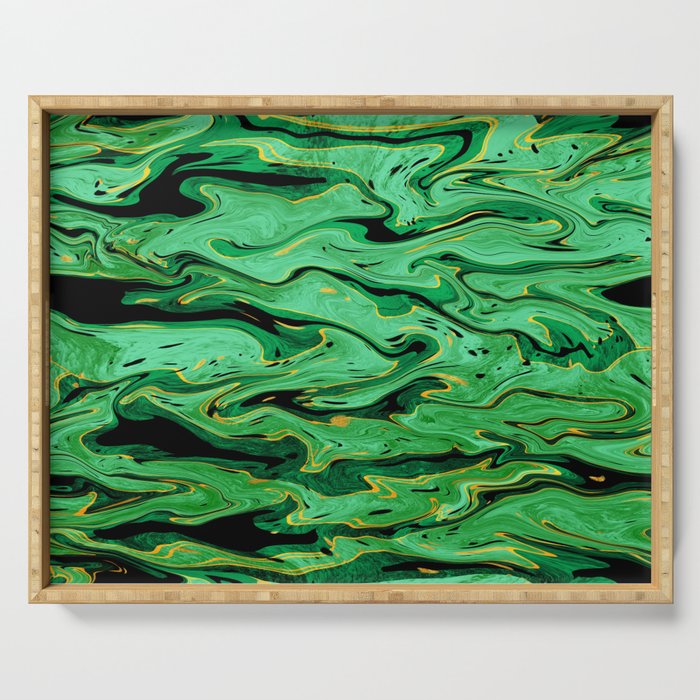 Emerald green and black fluid art, bright green marble texture Serving Tray