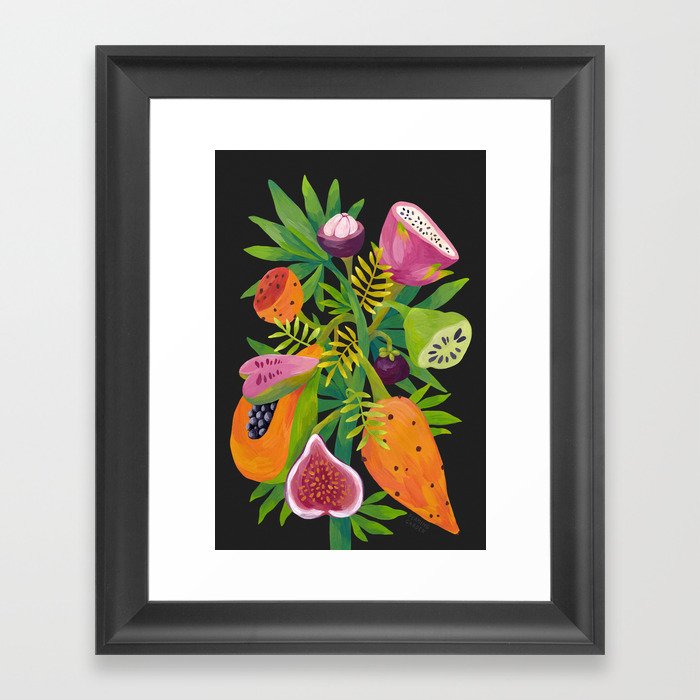 Exotic Fruits, Tropical Plants on Black Background Framed Art Print
