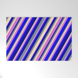 [ Thumbnail: Light Slate Gray, Beige, Orchid, Blue & Dark Blue Colored Striped Pattern Welcome Mat ]