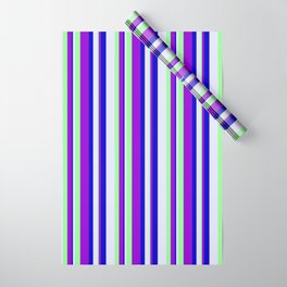 [ Thumbnail: Lavender, Green, Dark Violet, and Blue Colored Lined/Striped Pattern Wrapping Paper ]