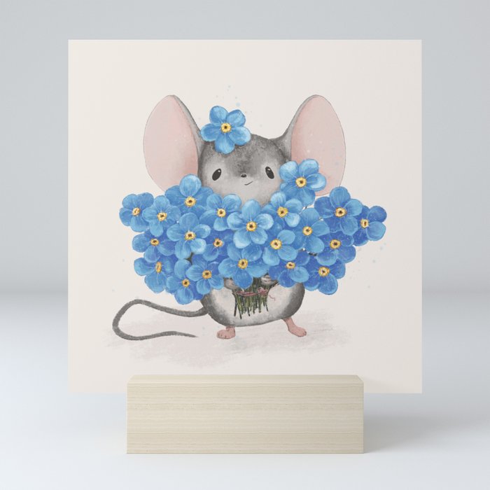 Sweet mousy with a bouquet of forget-me-nots Mini Art Print