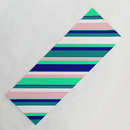 [ Thumbnail: Vibrant Pink, Green, Blue, Teal, and White Colored Striped/Lined Pattern Yoga Mat ]