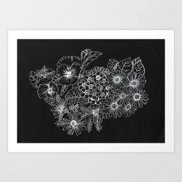 White on Black Botanical Illustration Art Print | Daisy, Whiteonblack, Whitedrawing, Gardenflowers, Gelpen, Pansies, Primroses, Styalised, Ink Pen, Botanical 