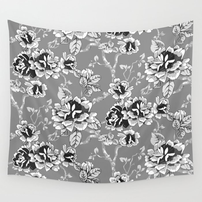Spring Flowers Pattern Black and White Wall Tapestry
