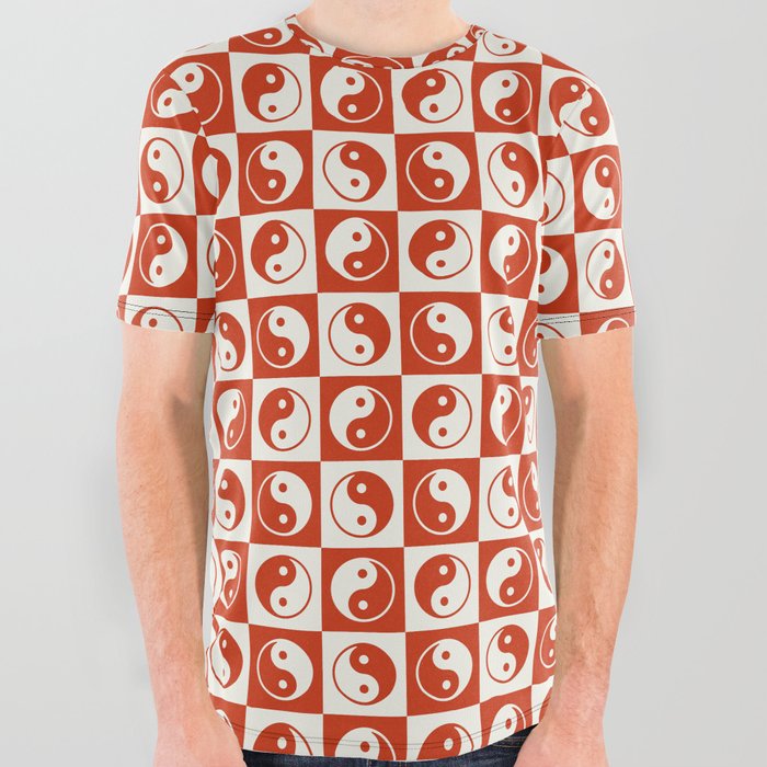 Checkered Yin Yang Pattern (Light Beige + Cherry Red Color Palette) All Over Graphic Tee