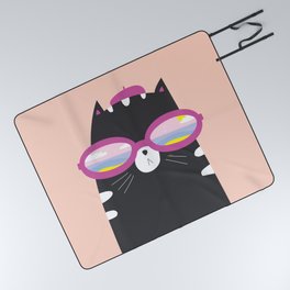 Black Kitten With Glasses Picnic Blanket