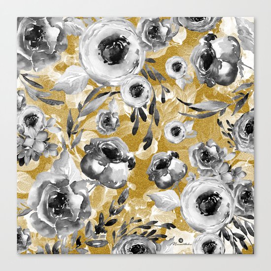 Black and white flowers with gold Canvas Print