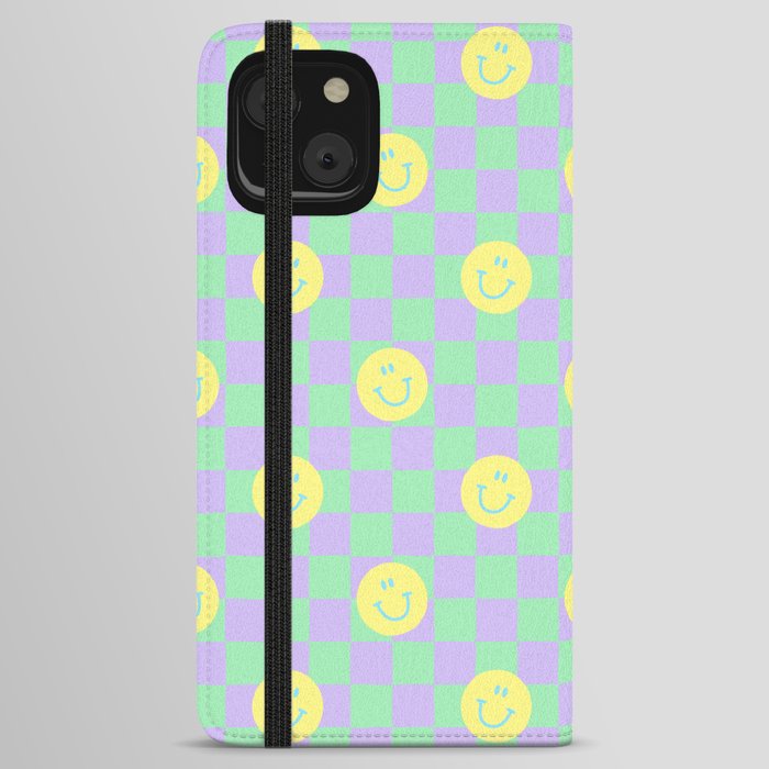 Retro smiling face checker board square pattern iPhone Wallet Case
